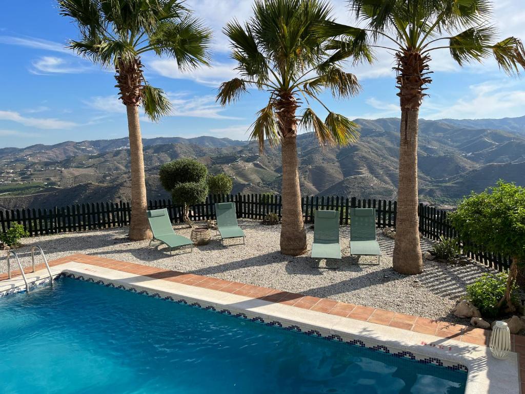 a swimming pool with palm trees and mountains in the background at Casa del Burro Perezoso in Almáchar