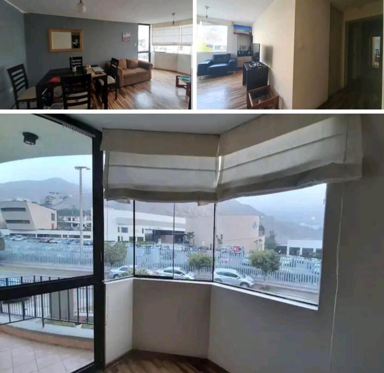 sala de estar y habitación con ventana grande en Alamos Centrum stay, en Lima