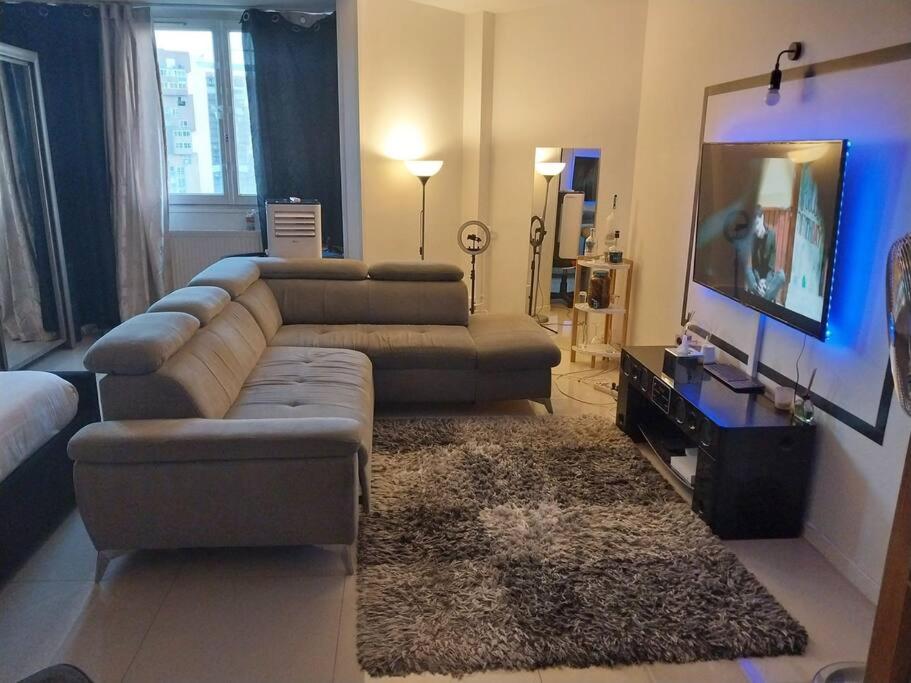 ein Wohnzimmer mit Couch und Flachbildfernseher in der Unterkunft Peaceful home in Sevran