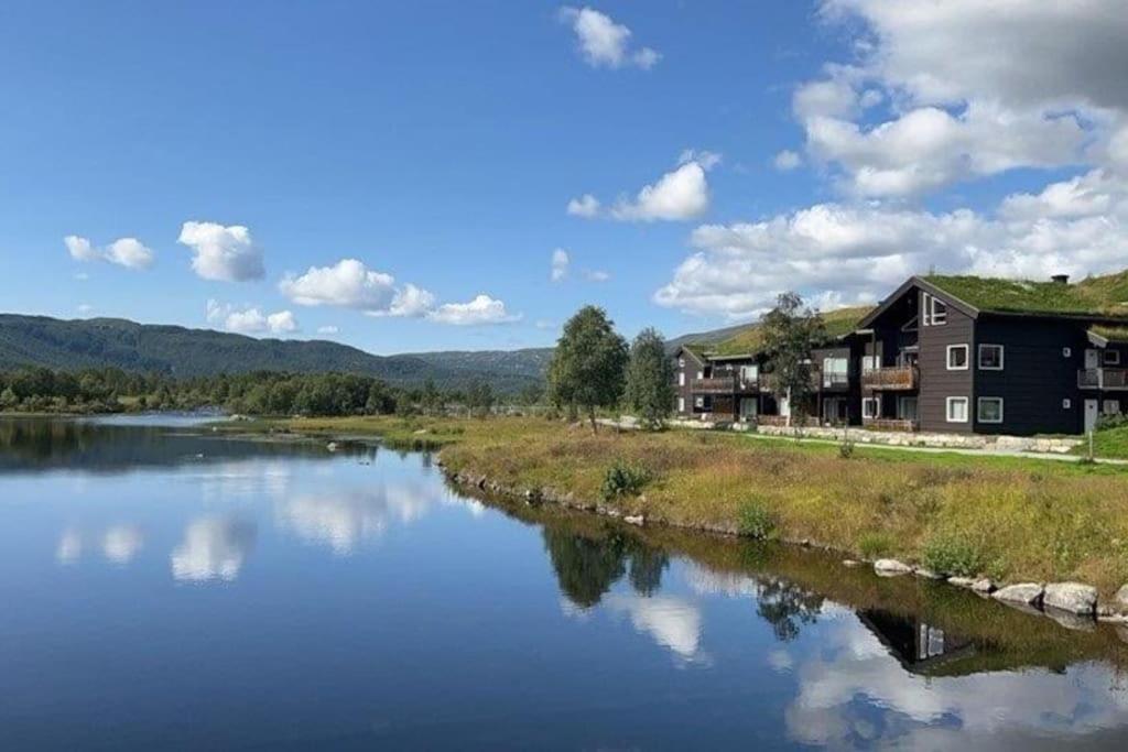 a river with a house in the middle of it at Geilotunet - Perfekt beliggenhet, sentralt, langs elven, 6 personer in Geilo