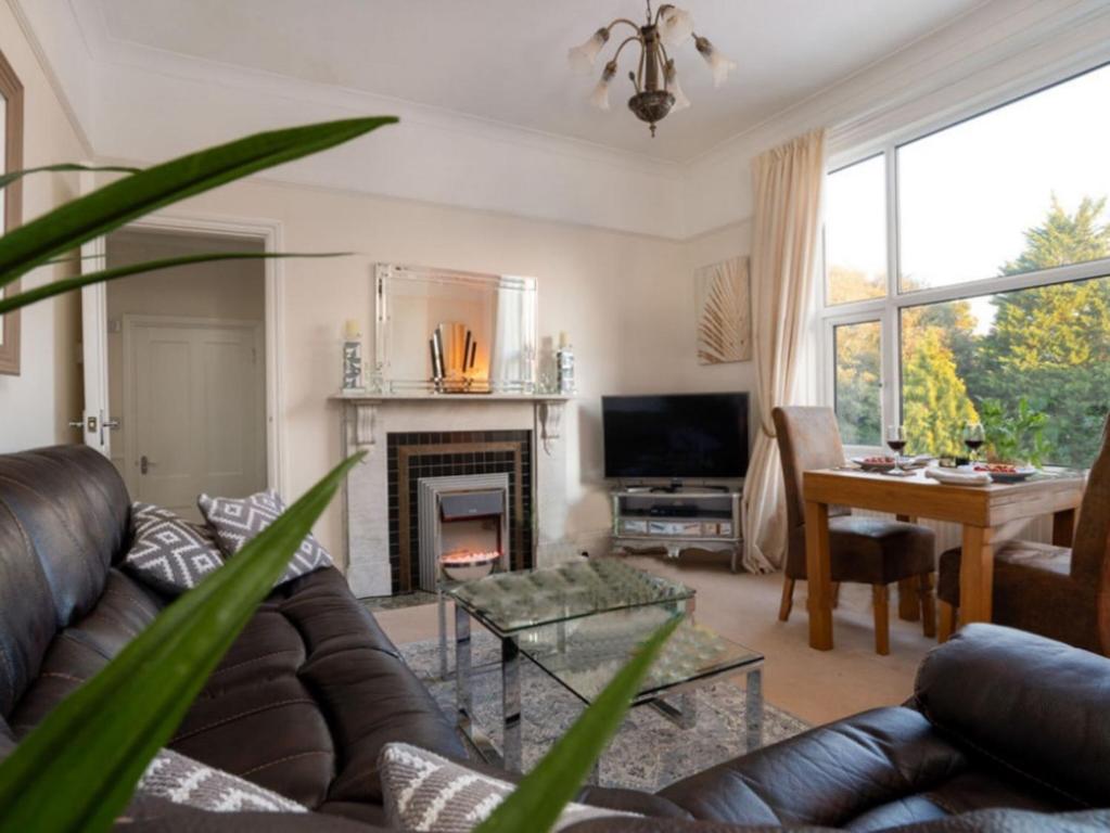 a living room with a couch and a fireplace at Kinbrae Apartment in Torquay