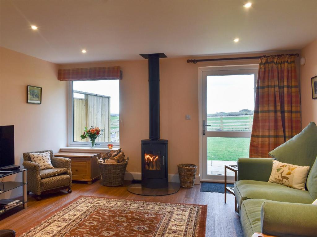 a living room with a wood stove in front of a window at The Annex At Fernyrig in Birgham