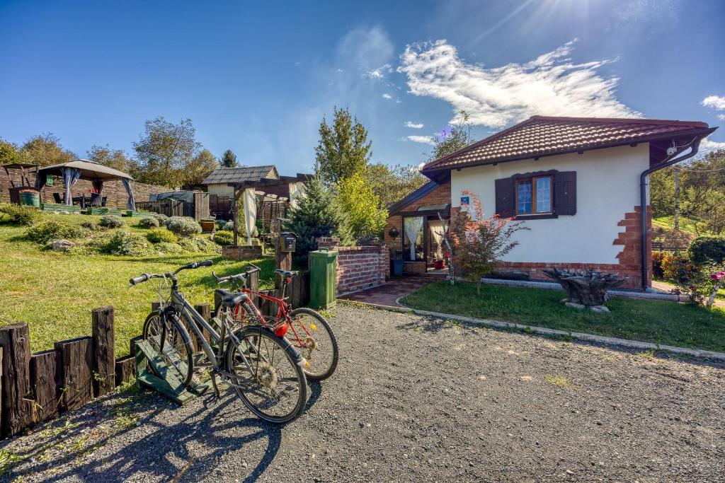 two bikes parked in front of a house at Romantic Haven with Hot Tub - Happy Rentals in Beretinec