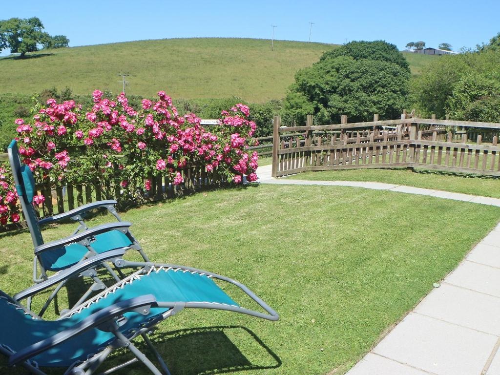 a blue chair sitting in a yard with pink flowers at Valley View- Hms in Combe Martin