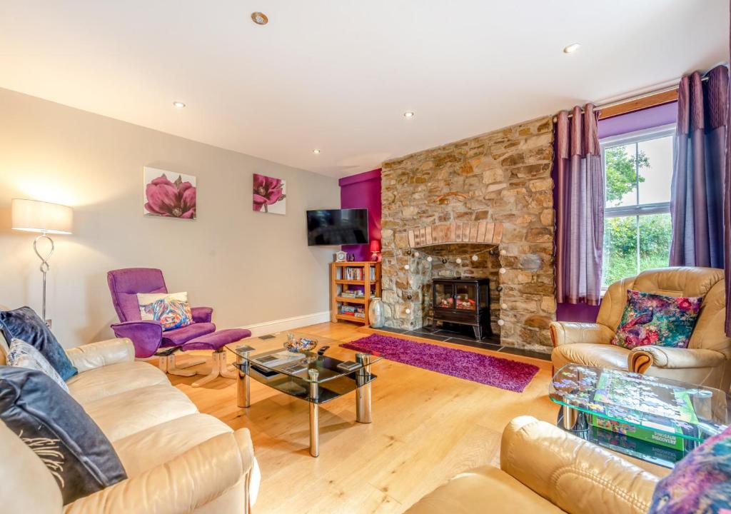 a living room with a fireplace and a stone wall at Gwynnant House in Rhyd Lewis