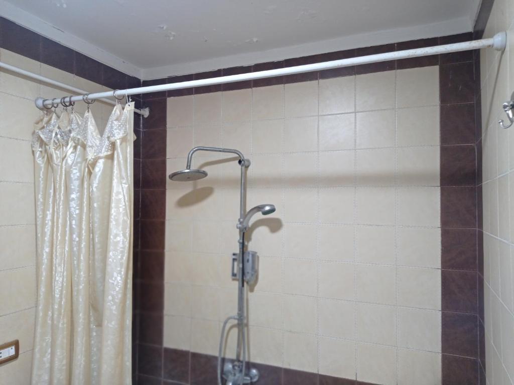een douche in een badkamer met een douchegordijn bij الفرعون المصري in `Ezbet Bûgti