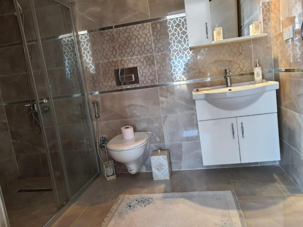 y baño con aseo, lavabo y ducha. en Villa Mila, en Kartepe