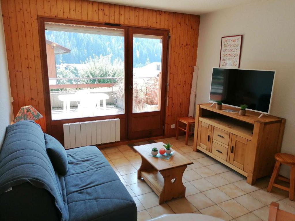 ル・グラン・ボルナンにあるAppartement Le Grand-Bornand, 3 pièces, 6 personnes - FR-1-241-169のリビングルーム(青いソファ、テレビ付)