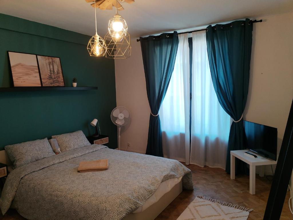マルセイユにあるChambre proche Saint Charles et Port avec Netflixのベッドルーム(大型ベッド1台、青いカーテン付)