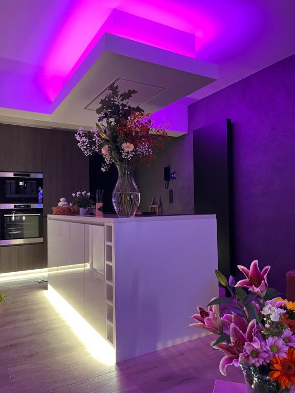 una cocina con un jarrón de flores en un mostrador en Luxueus nieuw zonnig hoekappartement SEAVIEW Heldenplein - 2x ruime garagebox en Knokke-Heist