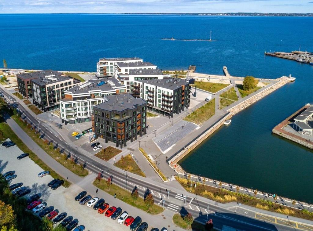 an aerial view of a city next to the water at Unique Kalaranna District Apartments by the Sea in Tallinn