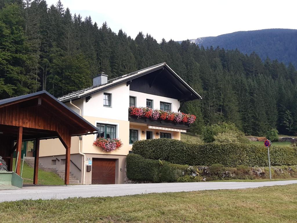 une maison avec des boîtes de fleurs sur le côté d'une route dans l'établissement Haus Margarete, à Lackenhof