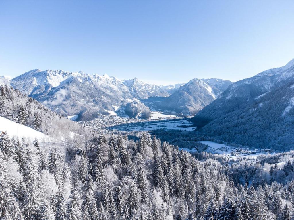 ein Bergtal mit schneebedeckten Bäumen und einem Fluss in der Unterkunft Landal Hochmontafon in Gargellen