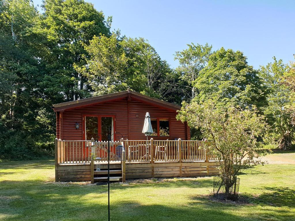 een blokhut met een terras en een paraplu bij Burnside Alderwood in Garboldisham