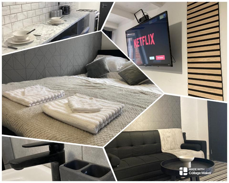 eine Collage mit Bildern eines Zimmers mit Sofa und TV in der Unterkunft Apartment 8 - Luxury Living & free parking in Nottingham