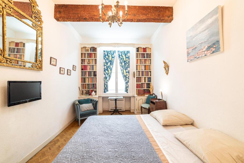 a bedroom with a bed and a tv and bookshelves at Michelet in Collioure