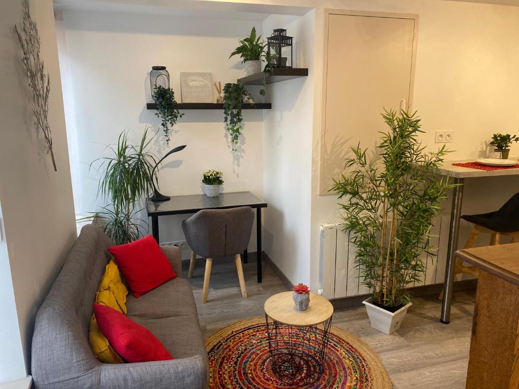 - un salon avec un canapé et une table ornée de plantes dans l'établissement Charmant appartement proche du centre ville, à Caen