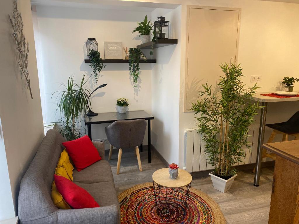 a living room with a couch and a table with plants at Charmant appartement proche du centre ville in Caen