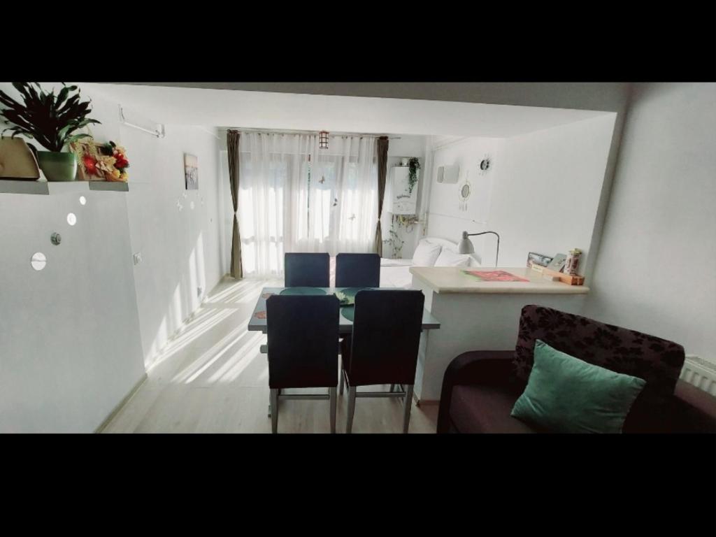 een woonkamer met een tafel en stoelen en een bank bij Studio Adela in Poiana Brasov