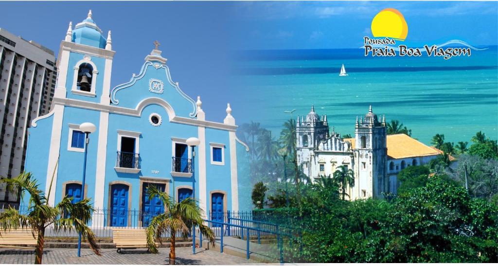 a white building with a clock tower next to the ocean at Pousada Praia Boa Viagem in Recife