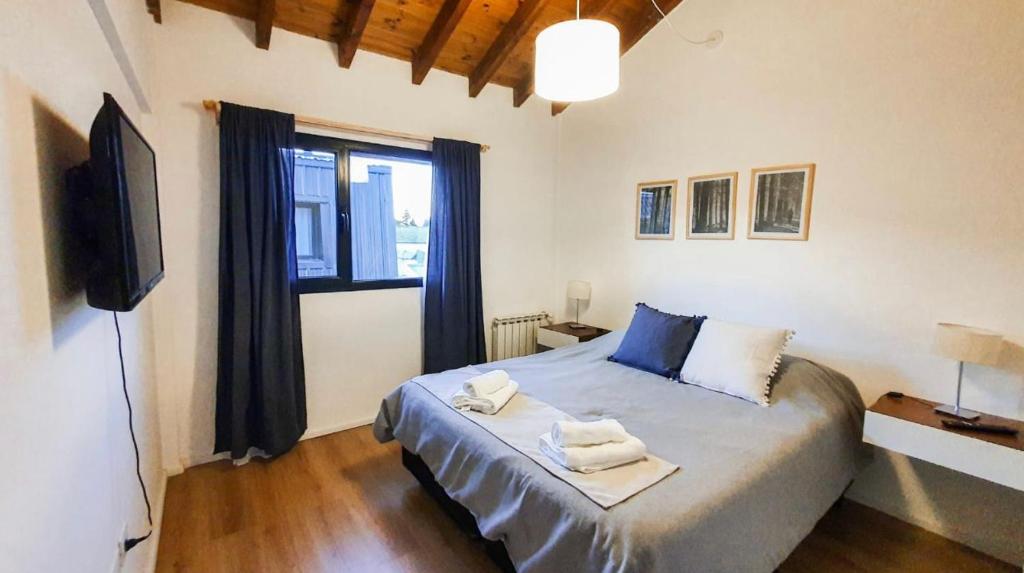 una camera con un grande letto e una televisione di Palacios Bari Alojamientos a San Carlos de Bariloche