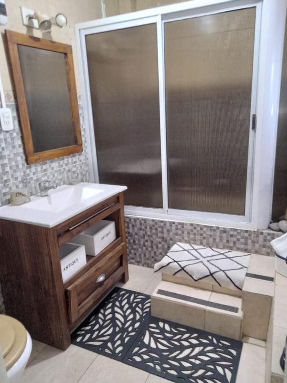 a bathroom with a sink and a shower and a toilet at Casa Canela in Ezeiza