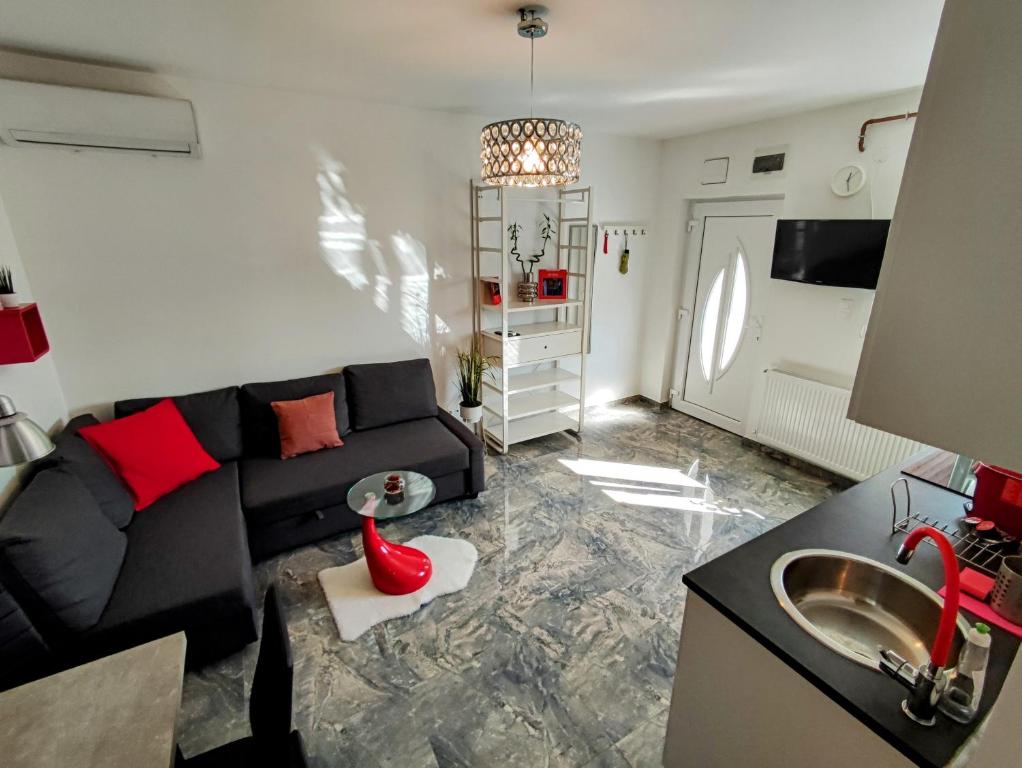 uma sala de estar com um sofá e um lavatório em RYB Lofts Budapest em Budapeste