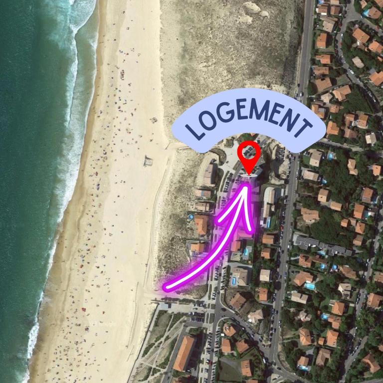 une vue de tête sur une plage avec le mot harcèlement dans l'établissement Dune Front Paradise - Appartement sur la dune, à Soorts-Hossegor