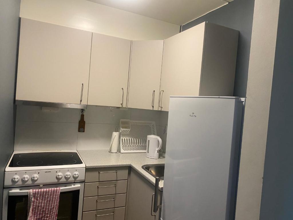 a kitchen with white cabinets and a white refrigerator at Nyoppusset leilighet in Sogndal