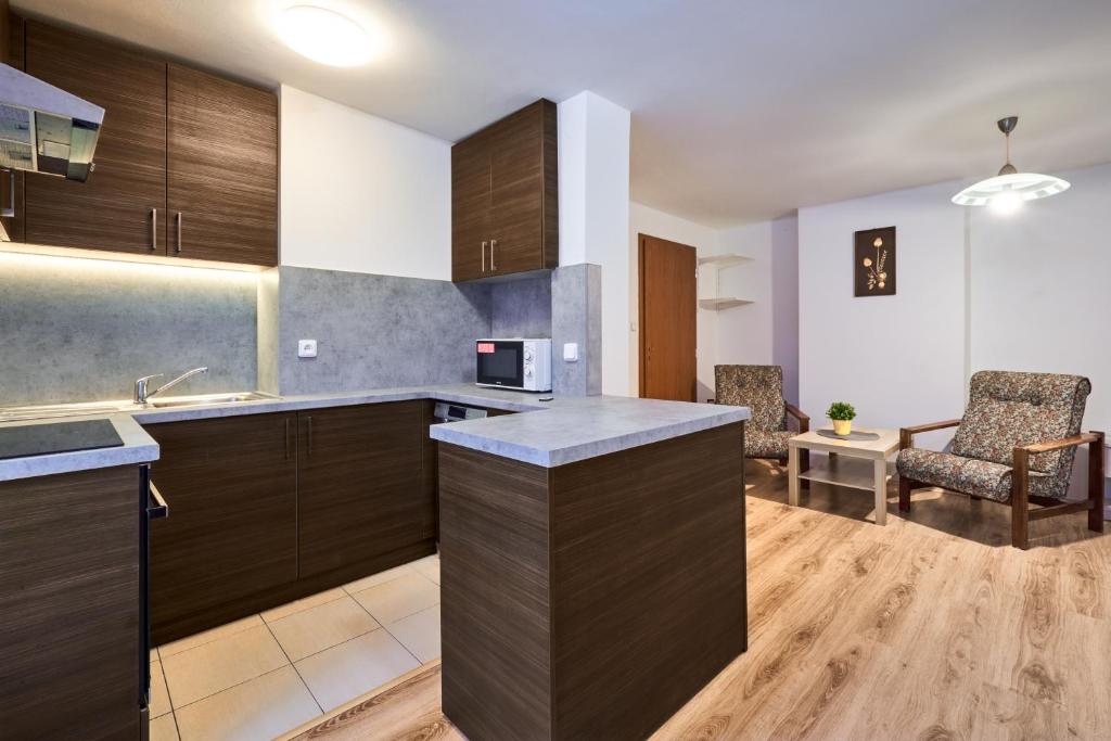 a kitchen with wooden cabinets and a living room at Apartmány Kateřina in Ricany