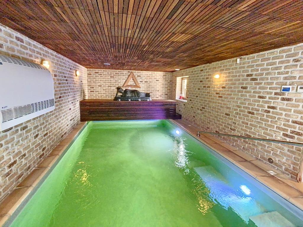 an indoor koi pond in a room with a brick wall at Appartement au calme - Duplex 3 CH - 5 pers avec piscine intérieure 32C Namur - 5 min E42 sortie 12 Namur Ouest in Floreffe