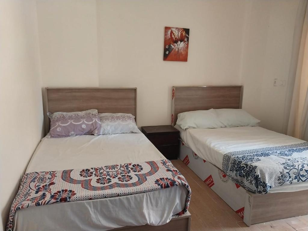 1 dormitorio con 2 camas y una foto en la pared en دار مصر 