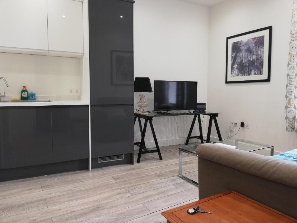 a living room with a couch and a tv at Convenient 1 Bed Apartment in the centre of Newbury in Newbury