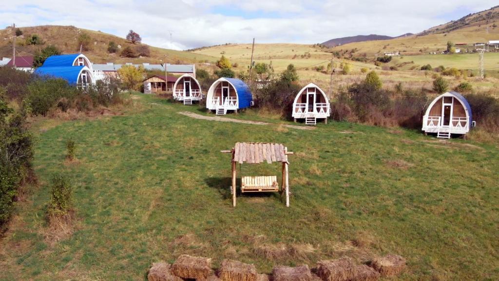 an aerial view of a field with a group of domes at Glamping Eco Valley in Shahumyan