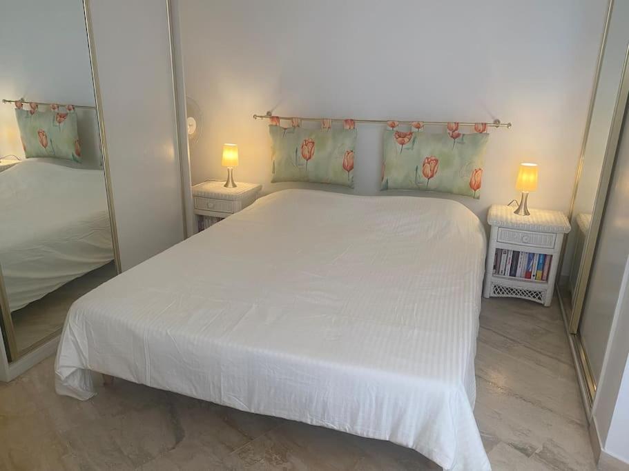 Tempat tidur dalam kamar di Balcon des Mimosas, grand studio avec alc&ocirc;ve