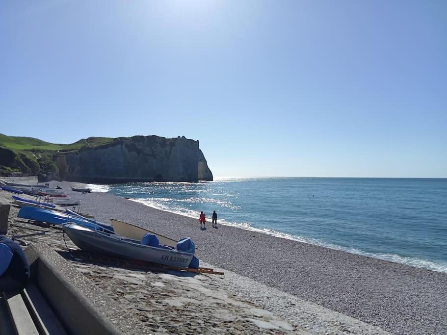 une plage avec un tas de bateaux sur la côte dans l'établissement Eiffeil Océan, à Étretat