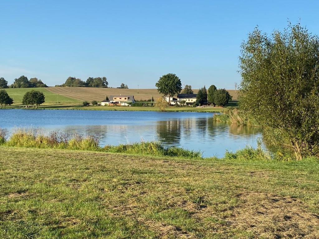 uma vista para um lago com casas ao fundo em Chata na Hadině - 30m od vody em Humpolec