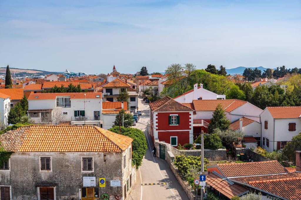 an aerial view of a town with red roofs at Miramare Hotel in Zadar