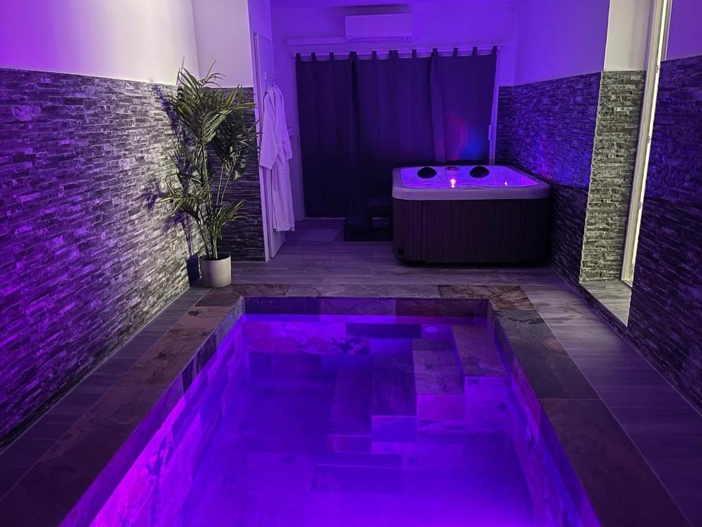 a purple bath room with a tub and a bath tub at La Paillote Exotique Spa in Beaucaire