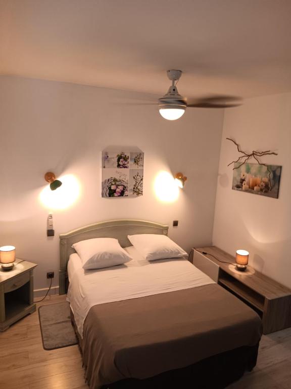 1 dormitorio con 1 cama grande y 2 luces en Appartement spacieux 15 mn Plage Wifi Stationnement gratuit petite terrasse 2adultes et 2 enfants à partir de 6ans, en Claira