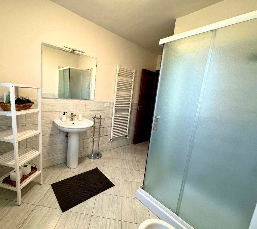 Un baño con lavabo y ducha de cristal. en Casa Clelia, en Ponte Buggianese