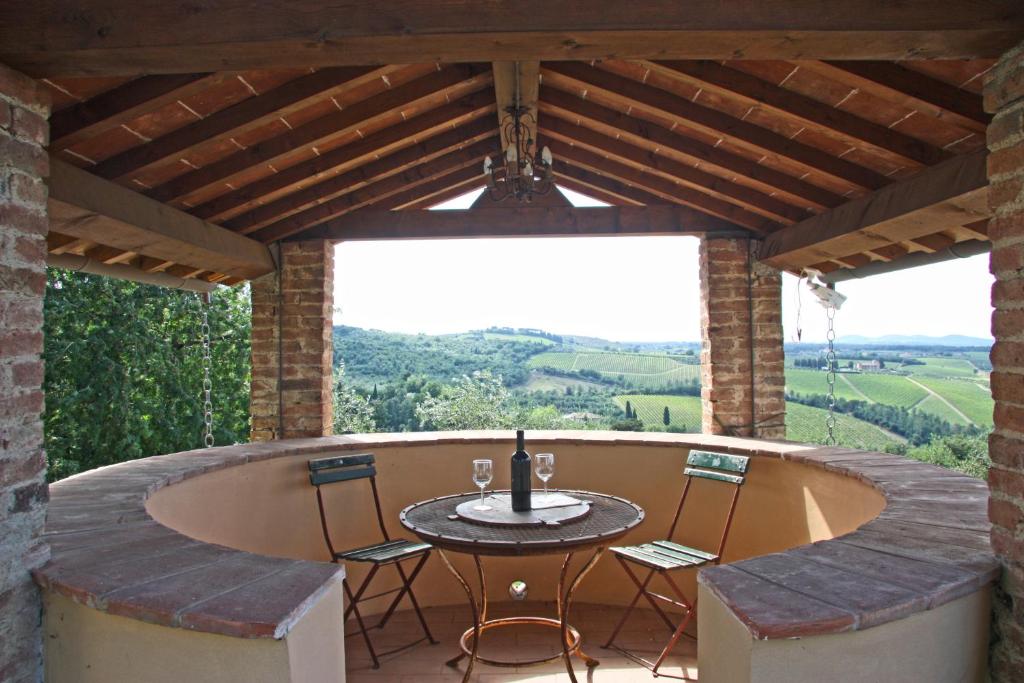 een patio met een tafel en stoelen op een balkon bij AGRITURISMO VICOLABATE in San Casciano in Val di Pesa