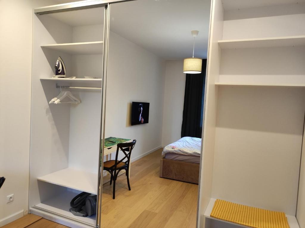 a walk in closet with a mirror in a room at Lux apartment, near metro Vasylkivska in Kyiv