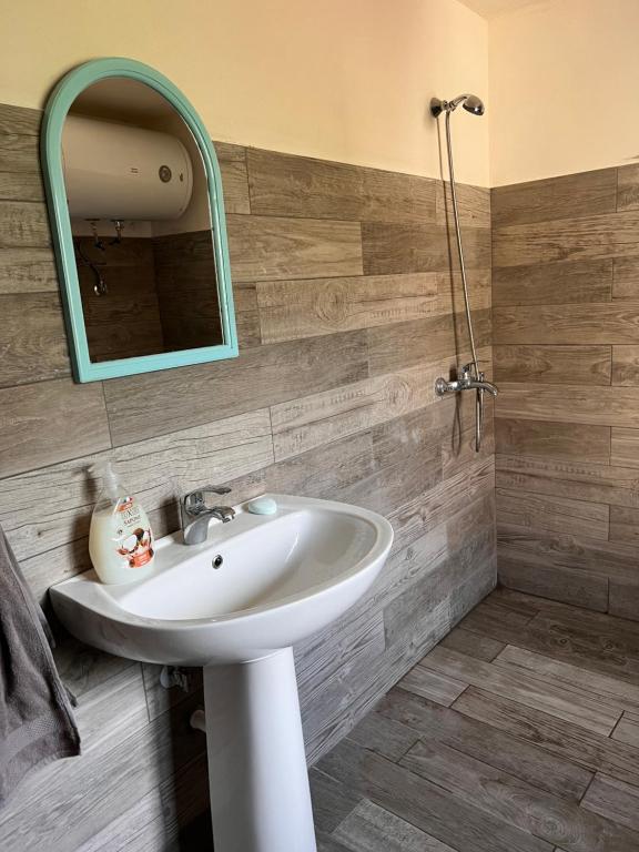 W łazience znajduje się umywalka i lustro. w obiekcie Goni Guest House w mieście Tepelenë