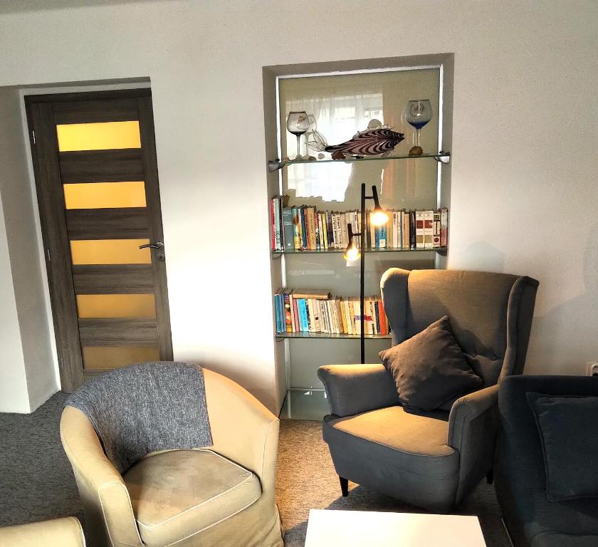 a living room with a couch and a chair and a book shelf at Apartmán Banská Bystrica Fortnička in Banská Bystrica