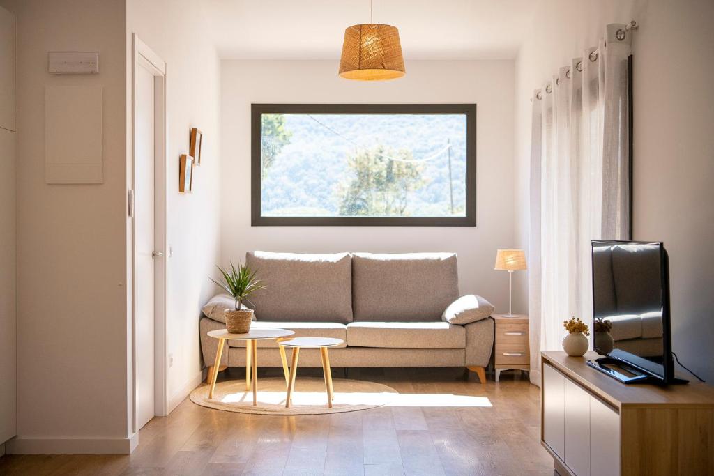 uma sala de estar com um sofá e uma mesa em La Caseta em Sant Jaume de Llierca