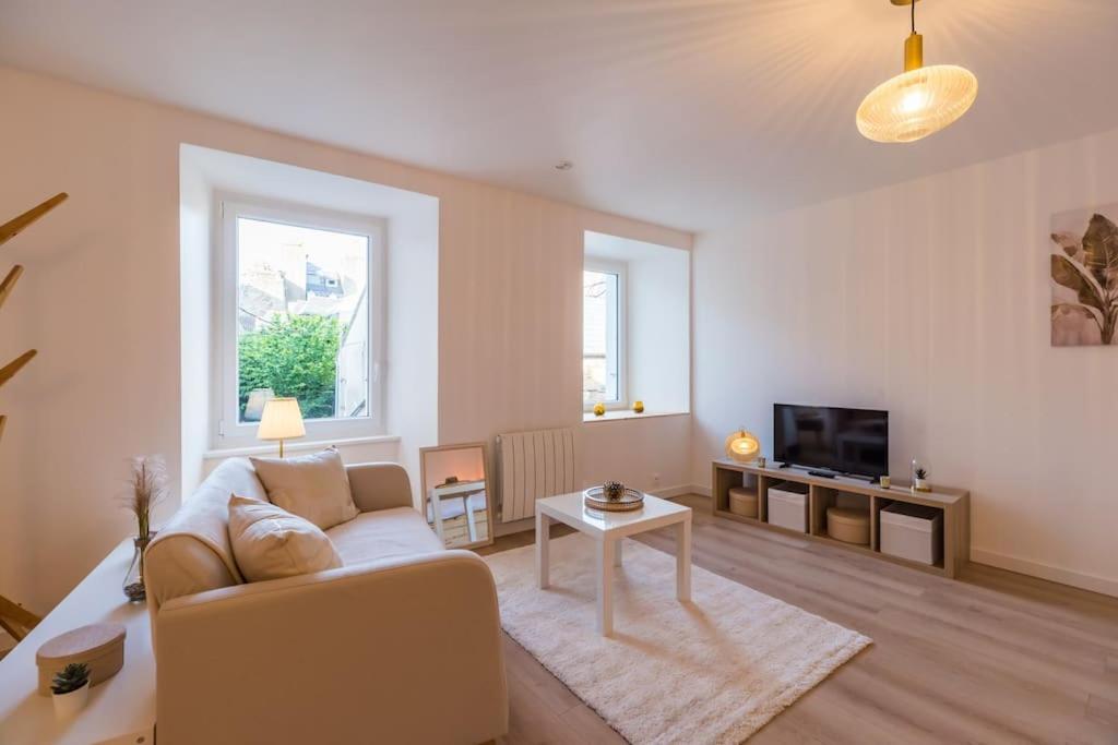 ein Wohnzimmer mit einem Sofa und einem TV in der Unterkunft Studio Cosy - plein coeur de Lannion in Lannion