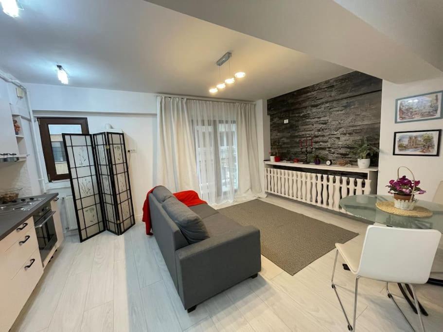 un ampio soggiorno con divano e tavolo di Apartament 2 camere Mogoșoaia a Mogoşoaia