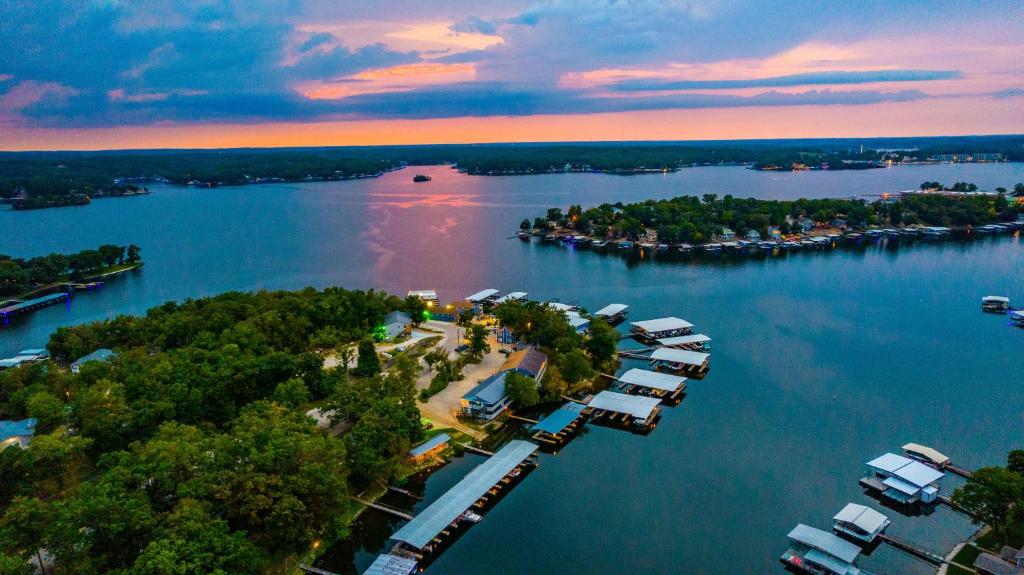 an aerial view of a lake with boats docked at Alhonna Resort in Lake Ozark