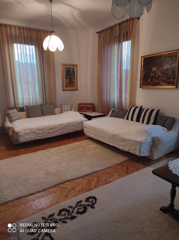 salon z dwoma łóżkami i kanapą w obiekcie Issy Apartment w Sarajewie